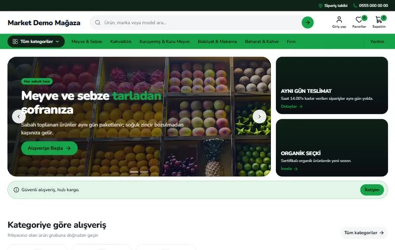 Market teması ana sayfa görünümü